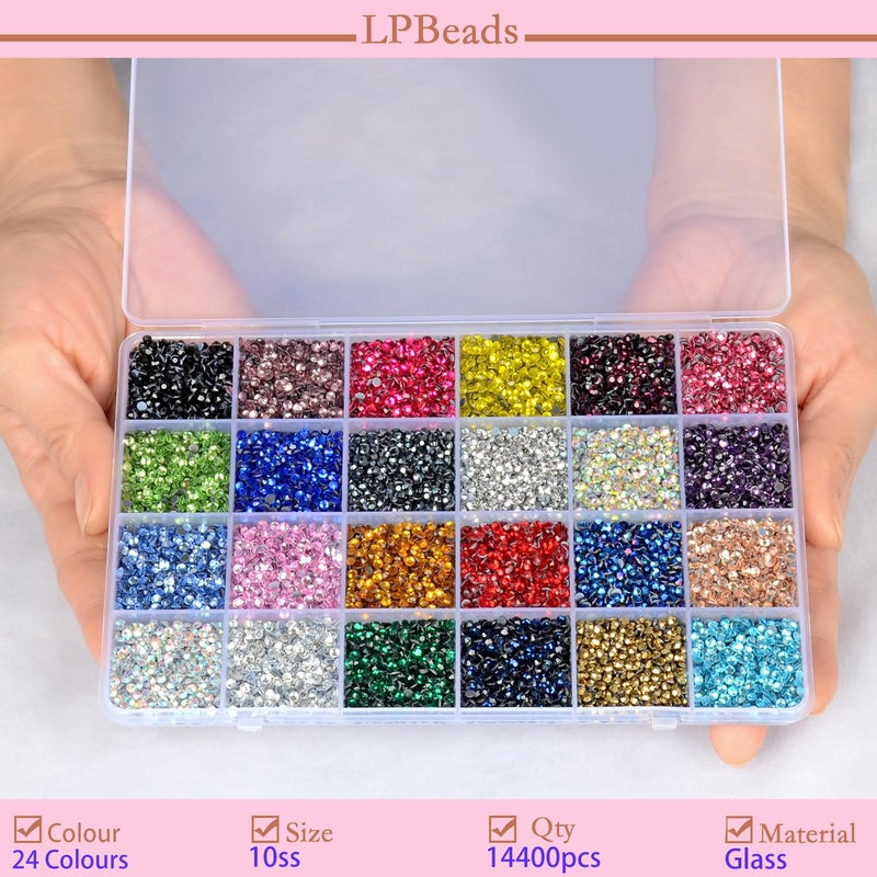 LPBeads Glass Hotfix Rhinestones Bulk SS10 14400pcs 24 Colors Hotfix Crystal Flatback Rhinestones for Crafts Clothes with Tweezers and Wax Pencil Kit - Image 3